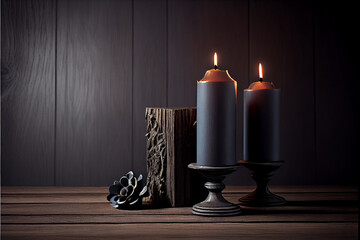 Poster - Beautiful black candles on wooden background. Generative AI technology 