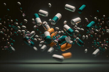 Medical pills on dark background, ai generated