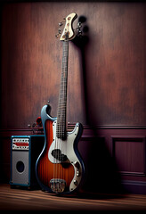 Poster - Beautiful old bass red Guitar . Generative AI technology 