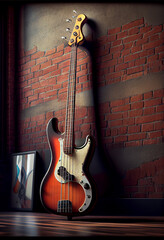 Poster - Beautiful old bass red Guitar . Generative AI technology 