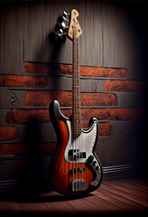 Poster - Beautiful old bass red Guitar . Generative AI technology 