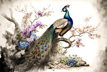 Tropical Bird, Colorful Peacock, Printable Digital Watercolor Painting, Generative Ai