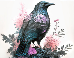 Wall Mural - Magic bird, black raven, fantasy illustration, digital art, nature background, generative ai