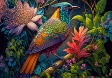 Paradise Bird On Exotic Floral Background, Fantasy Colorful Illustration, Generative Ai