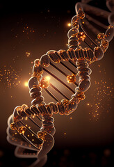 Aufkleber - Beautiful golden DNA molecule with yellow light symbol icons on a blue  background. Background pattern for design.