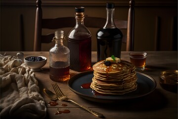 Poster - Fluffy pancakes drenched in maple syrup served on a rustic wooden table. Perfect for food bloggers, restaurant websites and social media.