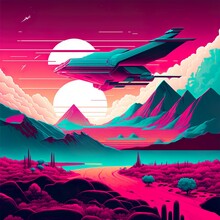 A Synthwave Retrowave Image Representing A Plane In A Setting With A Setting Sun, A Mountain And A River In Pink And Cyan Tones