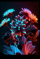 Poster - Beautiful abstract flower in neon light. Minimalism modern style concept. Dark Background
