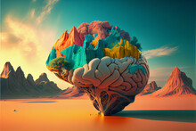 Beautiful Abstract Surreal Brain  Landscape Mountain  Space Collage Concept, Contemporary Colors And Mood Social Background