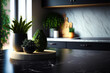 © Beqiri - küche  modern  tisch  intergrund  zuhause  zähler  interieur  verwischen weiß sinken essen hell zimmer oberteile kochen leer hochglanz holz haus licht display stil Generative AI Generativ KI