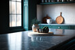 © Beqiri - küche  modern  tisch  intergrund  zuhause  zähler  interieur  verwischen weiß sinken essen hell zimmer oberteile kochen leer hochglanz holz haus licht display stil Generative AI Generativ KI