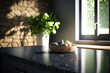 © Beqiri - küche  modern  tisch  intergrund  zuhause  zähler  interieur  verwischen weiß sinken essen hell zimmer oberteile kochen leer hochglanz holz haus licht display stil Generative AI Generativ KI