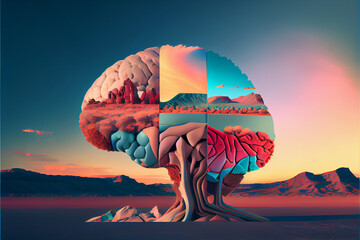 Aufkleber - Beautiful abstract surreal brain  landscape mountain  space collage concept, contemporary colors and mood social background