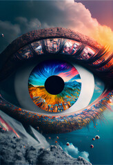 Poster - Abstract eye concept looking on a nebula dust in infinite space background