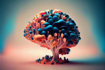 Beautiful abstract brain with mushrooms concept, contemporary colors and mood social background. 