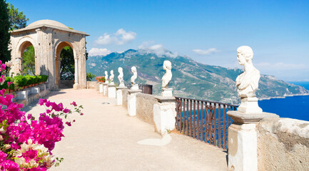 Wall Mural - beautiful details of Ravello village, Amalfitana coast of Italy at summer with flowers, web banner format