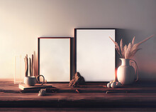 Two Wooden Vertical Frames With White Vase Of Dry Flowers Over Dark Wall. Mockup Template 3d Render