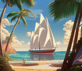 Sailing yacht near tropical coast with palm trees. Anime..