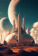 Poster - Beautiful abstract surreal landscape retro futuristic world of computer space in the style of science fiction of the 80s. Futuristic city in virtual space