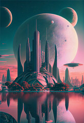Poster - Beautiful abstract surreal landscape retro futuristic world of computer space in the style of science fiction of the 80s. Futuristic city in virtual space