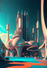 Poster - Beautiful abstract surreal landscape retro futuristic world of computer space in the style of science fiction of the 80s. Futuristic city in virtual space
