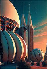 Aufkleber - Beautiful abstract surreal landscape retro futuristic world of computer space in the style of science fiction of the 80s. Futuristic city in virtual space
