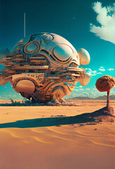 Poster - Beautiful abstract surreal landscape retro futuristic world of computer space in the style of science fiction of the 80s. Futuristic city in virtual space
