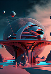 Poster - Beautiful abstract surreal landscape retro futuristic world of computer space in the style of science fiction of the 80s. Futuristic city in virtual space