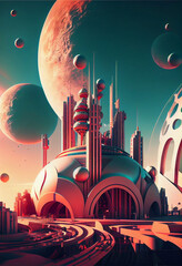 Poster - Beautiful abstract surreal landscape retro futuristic world of computer space in the style of science fiction of the 80s. Futuristic city in virtual space