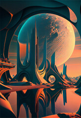 Poster - Beautiful abstract surreal landscape retro futuristic world of computer space in the style of science fiction of the 80s. Futuristic city in virtual space