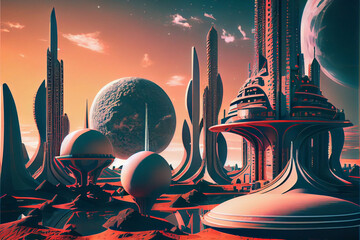 Poster - Beautiful abstract surreal landscape retro futuristic world of computer space in the style of science fiction of the 80s. Futuristic city in virtual space