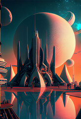 Poster - Beautiful abstract surreal landscape retro futuristic world of computer space in the style of science fiction of the 80s. Futuristic city in virtual space