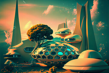Poster - Beautiful abstract surreal landscape retro futuristic world of computer space in the style of science fiction of the 80s. Futuristic city in virtual space