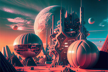 Poster - Beautiful abstract surreal landscape retro futuristic world of computer space in the style of science fiction of the 80s. Futuristic city in virtual space
