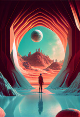 Poster - beautiful abstract surreal landscape retro futuristic world of computer space in the style of scienc