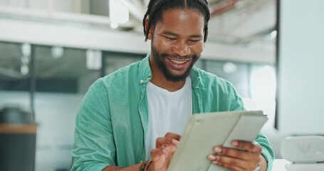 Aufkleber - Tablet, business and black man typing in office, social media or research. Break, technology and happy male employee holding digital touchscreen for networking, internet browsing or web scrolling.