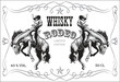 © Олег Резник - vector image of vintage label with a cowboy riding a wild horse for whiskey in art style