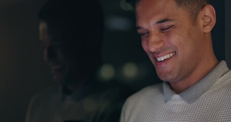 Poster - Face, phone and dark with a business man laughing in an office, working late at night on a deadline. Mockup, contact and good news with a male employee typing a text message at work during overtime