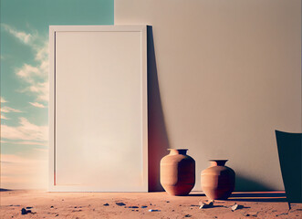 Wall Mural - Wooden vertical frame with vase of dry flowers over wall. Mockup AI Generated
