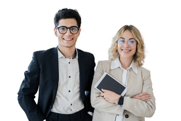 A team of formal attire, managers of a Man and a Woman glasses work on a transparent background.