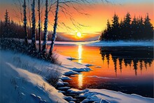 
Sunset Over The River, Winter, Canvas Print, Wall Art