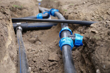 Installation Of Pipeline Irrigation System Outdoor.
