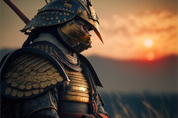 Wall Mural - Gloomy samurai warrior in golden armor, battlefield in background. Generative AI