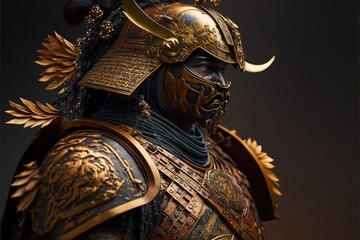 Gloomy samurai warrior in golden armor.  Generative AI