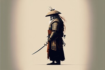 Wall Mural - Samurai warrior with armor and sword, beige background, minimalist illustration. Generative AI