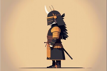 Wall Mural - Samurai warrior with armor and sword, beige background, minimalist illustration. Generative AI