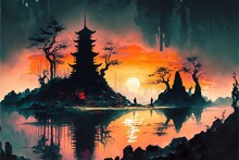 Painting Landscape With Lake, Mountain, Chinese Temple And Sunset. AI Digital Illustration