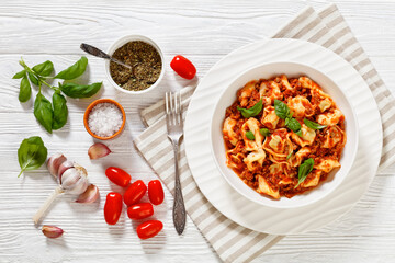 Wall Mural - tortellini in ground beef tomato sauce, top view