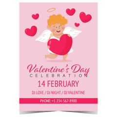 Wall Mural - Valentine's Day celebration invitation with cute cupid and red hearts on pink background. Vector illustration of banner, poster or invitation card for the Feast of Saint Valentine on February 14.