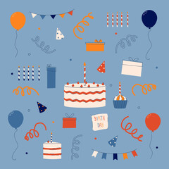 cartoon birthday party decorations. gifts presents, sweet cupcakes and celebration cake. colorful ba